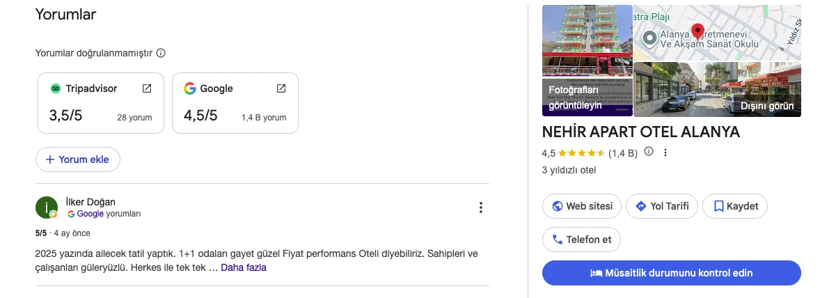 Nehir Apart Otel Alanya Google işletme kartı: 4,5 yıldız ve 1.366 değerlendirme